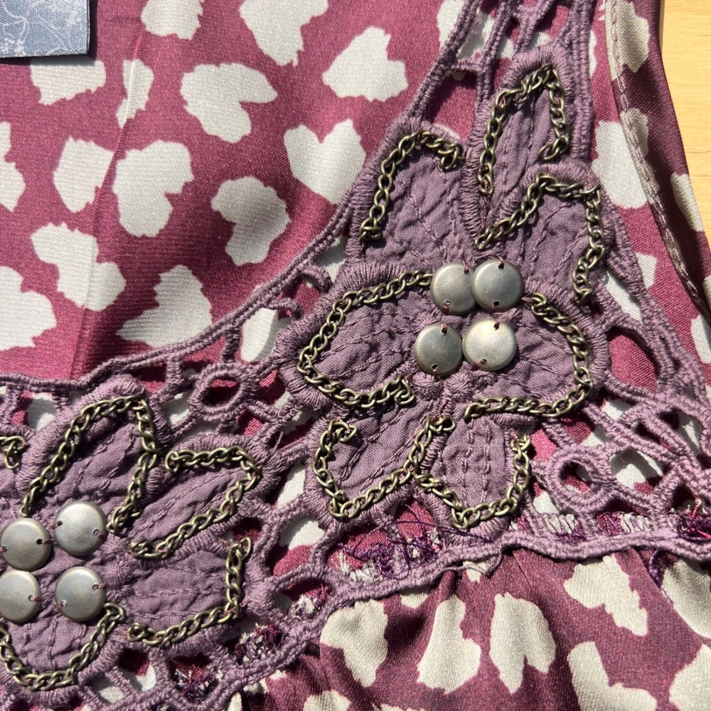 Ventti Heart Print Sleeveless Mini Dress Crochet Lace Studded Plum Purple Small - Picture 8 of 9